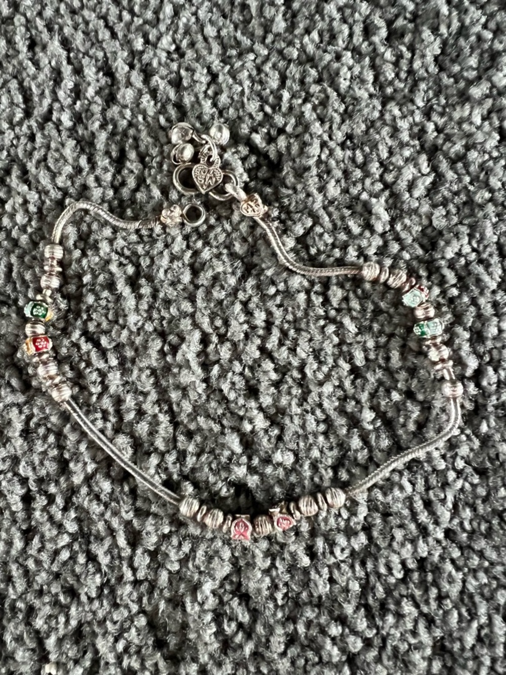 Sterling Silver Style Beaded Bracelet with Red and Green Accents